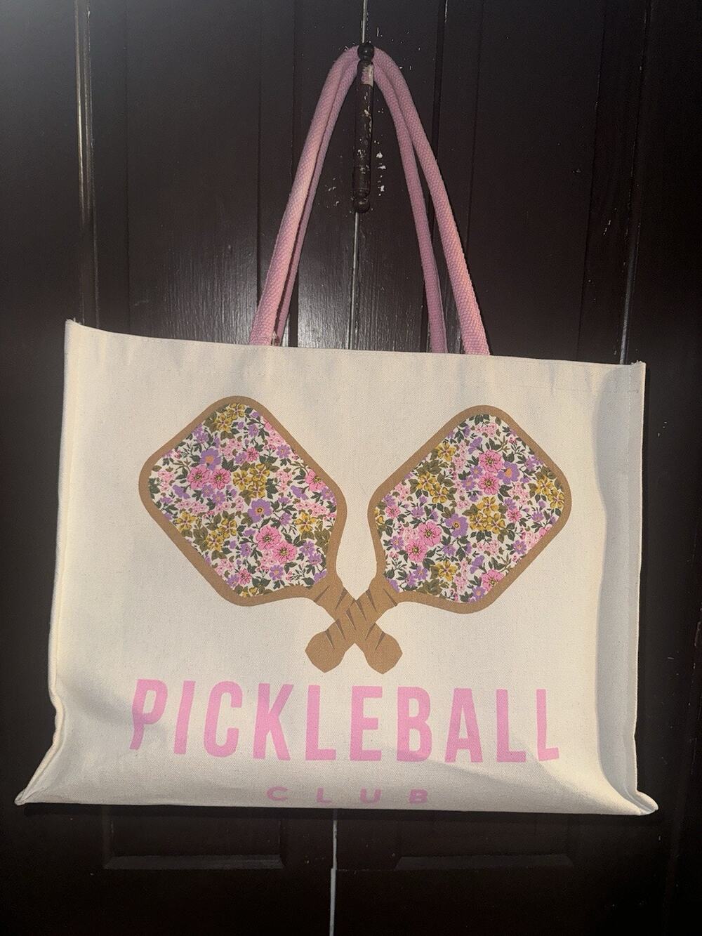 Pickleball Club XL Tote Floral Paddle Pink Lined Canvas Beach Pool Market New
